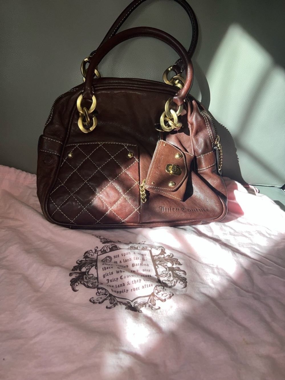Juicy Couture Chocolate Brown Quilted Leather Satchel with Gold Hardware